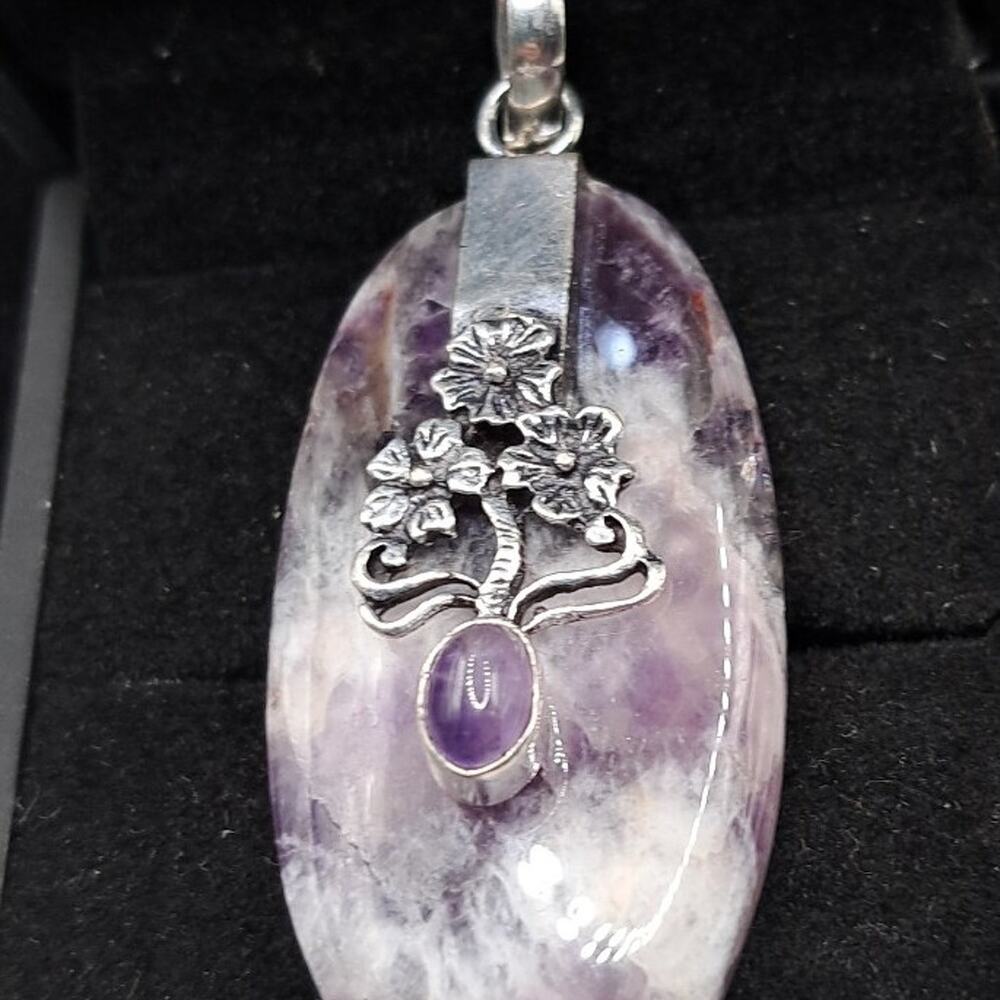 Chevron Amethyst Natural Flower Decorative Pendant, 925 Silver Plated, 2.6"